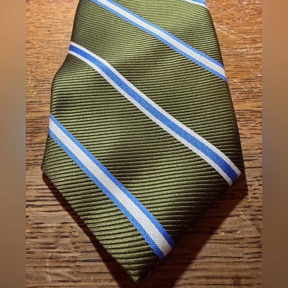 Brooks Brothers Ribbed Textured Diagonal Stripe Olive‎ Green Blue Silk Neck Tie - Picture 4 of 5
